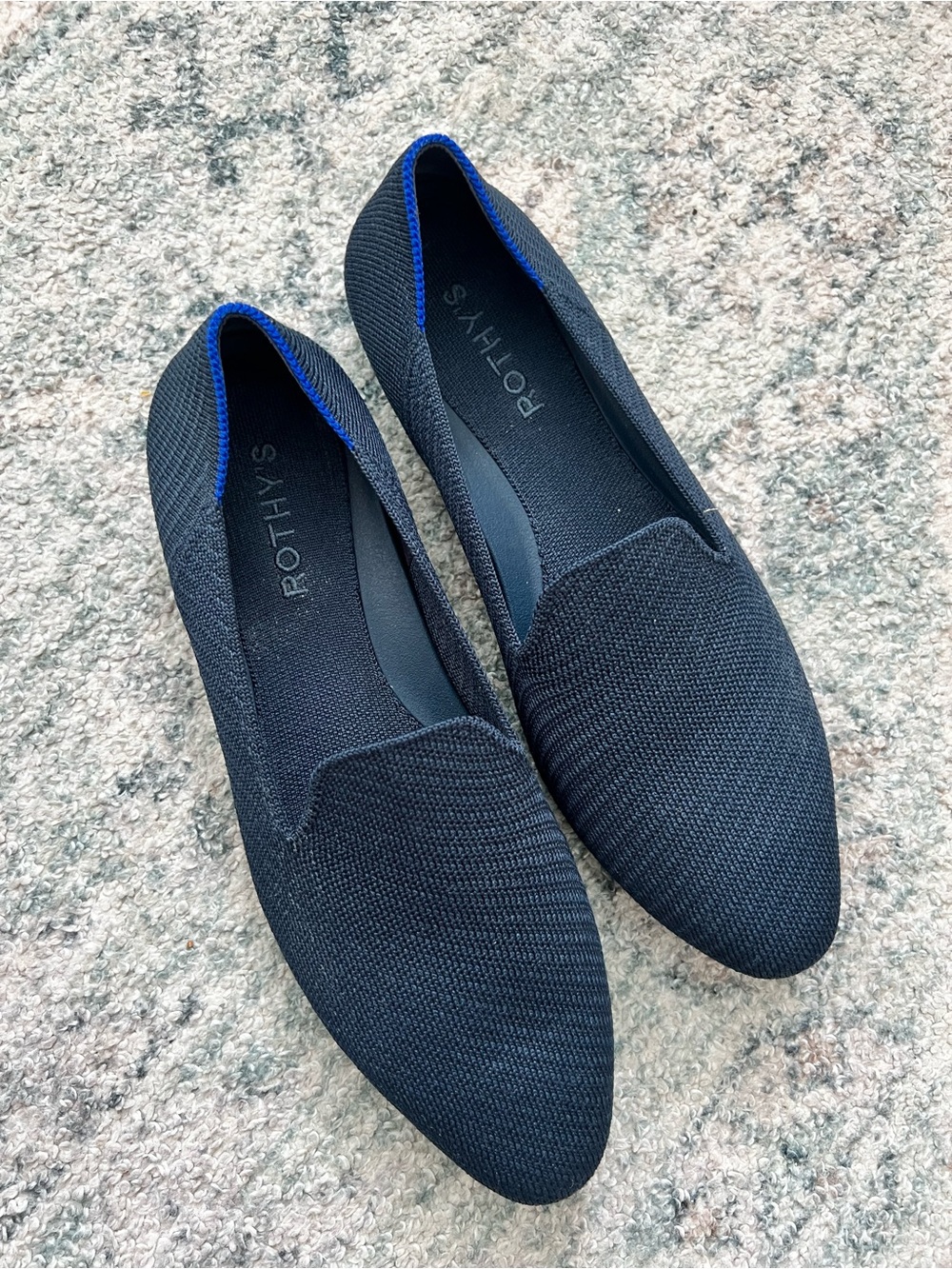 Rothy's Black Knit Pointed-Toe Flats with Blue Accent